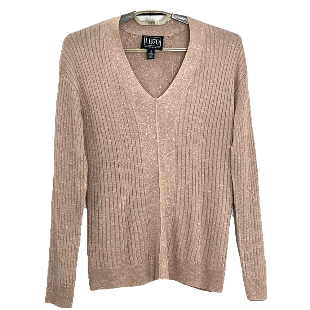 LB70 by Lloyd Boston Women's Sweater L Tan Gold‎ Metallic Threads Ribbed Knit